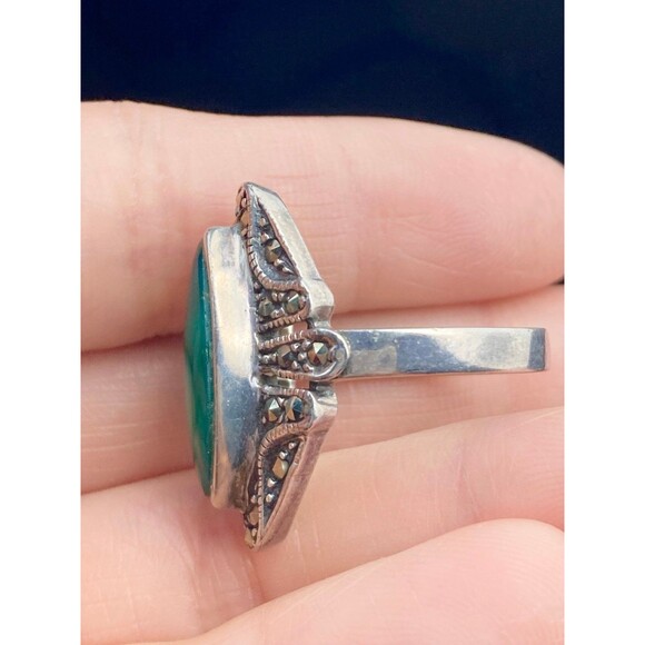 Vintage sterling silver green onyx marcasite Ring - Picture 4 of 7